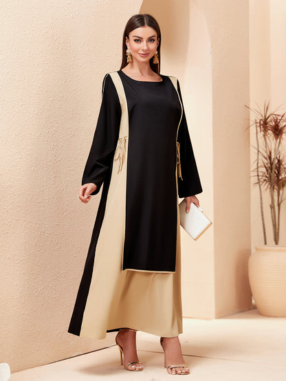 MSL151 Modest Dress - Contrast Color, Bow Tie, Waist Tie, Everyday | Hojumbo