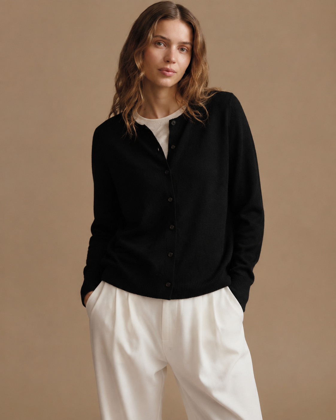 KK9709 Women's 100% Wool Cardigan Seamless Knit Round Neck Open Front | Women's Sweater, Wool Cardigan | Hojumbo