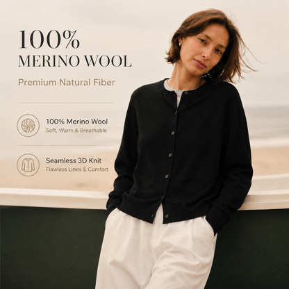 KK9709 Women's 100% Wool Cardigan Seamless Knit Round Neck Open Front | Women's Sweater, Wool Cardigan | Hojumbo