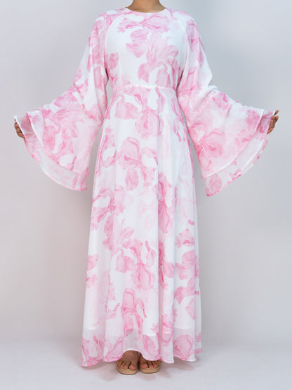 MSL8266 Elegant Abaya Dress - Chiffon, Flared Sleeve, Printed, Ramadan | Hojumbo