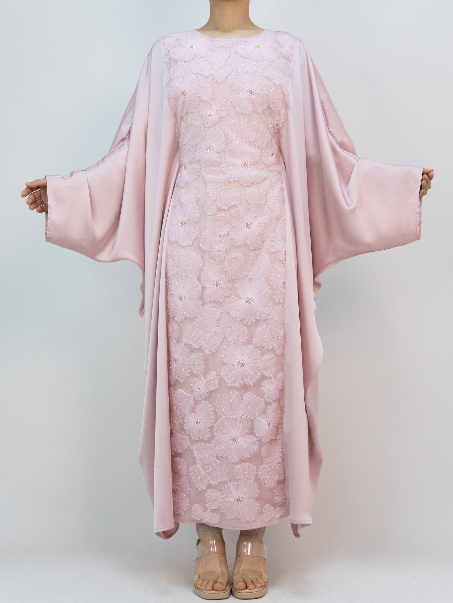 MK2626 Muslim Women's Kaftan, Satin Solid Color Batwing Sleeve, Flower Beaded Abaya for All Seasons, Elegant Loose-Fitting Dress