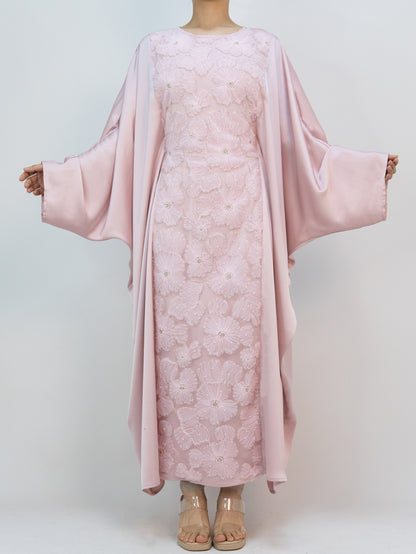 MK2626 Muslim Women's Kaftan, Satin Solid Color Batwing Sleeve, Flower Beaded Abaya for All Seasons, Elegant Loose-Fitting Dress