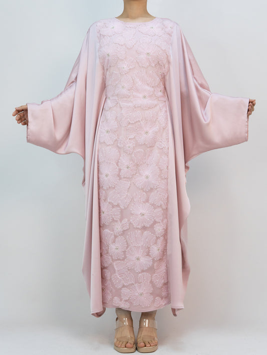 MK2626 Muslim Women's Kaftan, Satin Solid Color Batwing Sleeve, Flower Beaded Abaya for All Seasons, Elegant Loose-Fitting Dress