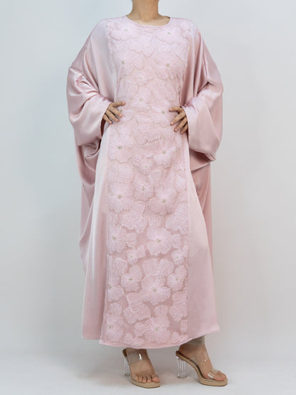 MK2626 Muslim Women's Kaftan, Satin Solid Color Batwing Sleeve, Flower Beaded Abaya for All Seasons, Elegant Loose-Fitting Dress