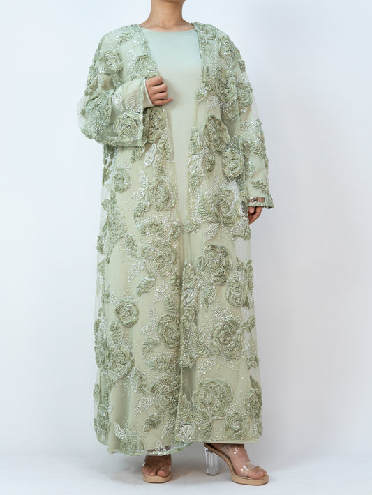 MSL904 Women 2 Pieces Set Open Abaya Flower Bead Embroidered Coat and Dress(Open Abaya+Inner Dress)
