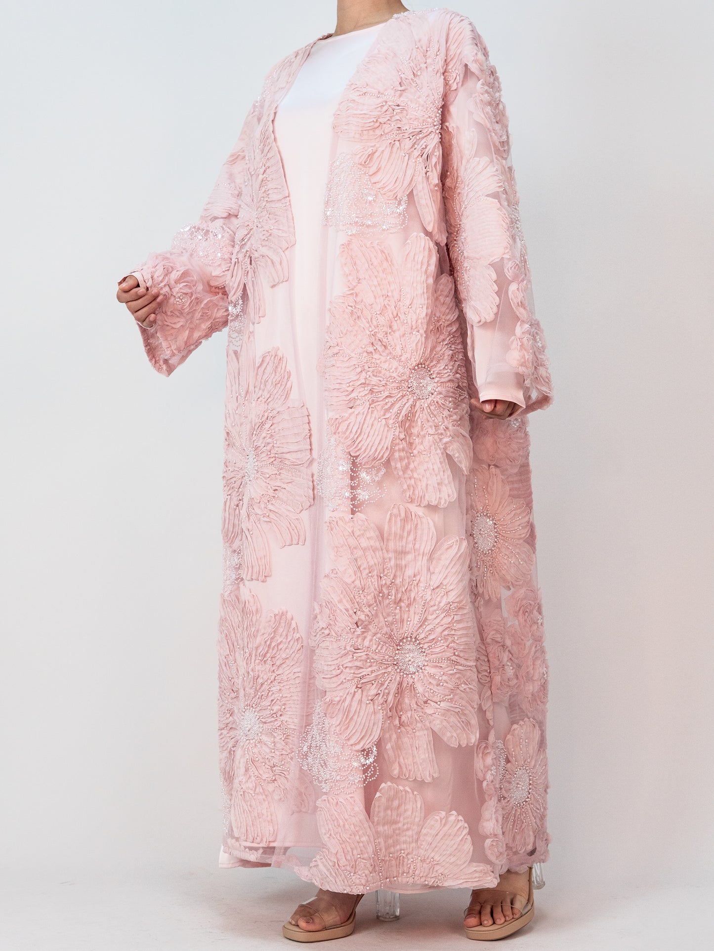 MSL905 Women 2 Pieces Set Open Abaya Superbly Large Flowers Bead Embroidered Coat and Dress(Open Abaya+Inner Dress)