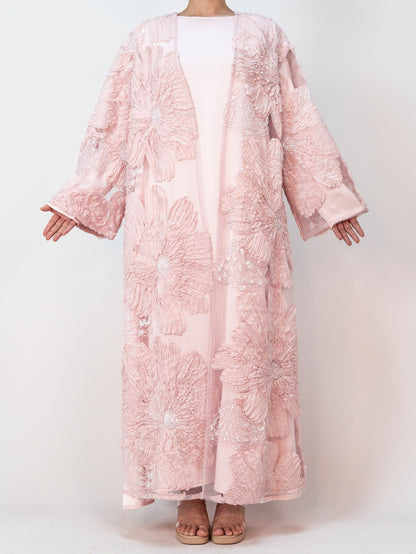 MSL905 Women 2 Pieces Set Open Abaya Superbly Large Flowers Bead Embroidered Coat and Dress(Open Abaya+Inner Dress)