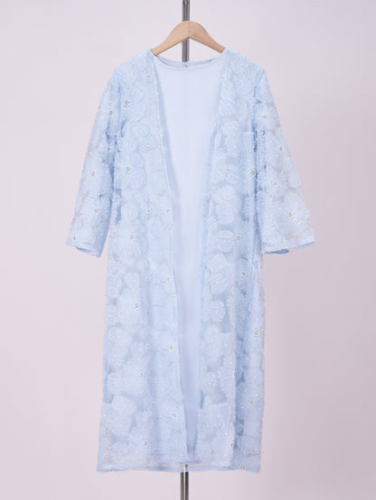 MK2653 Muslim Girl Set 2-Piece Satin Dress and Flower Beaded Cardigan Abaya