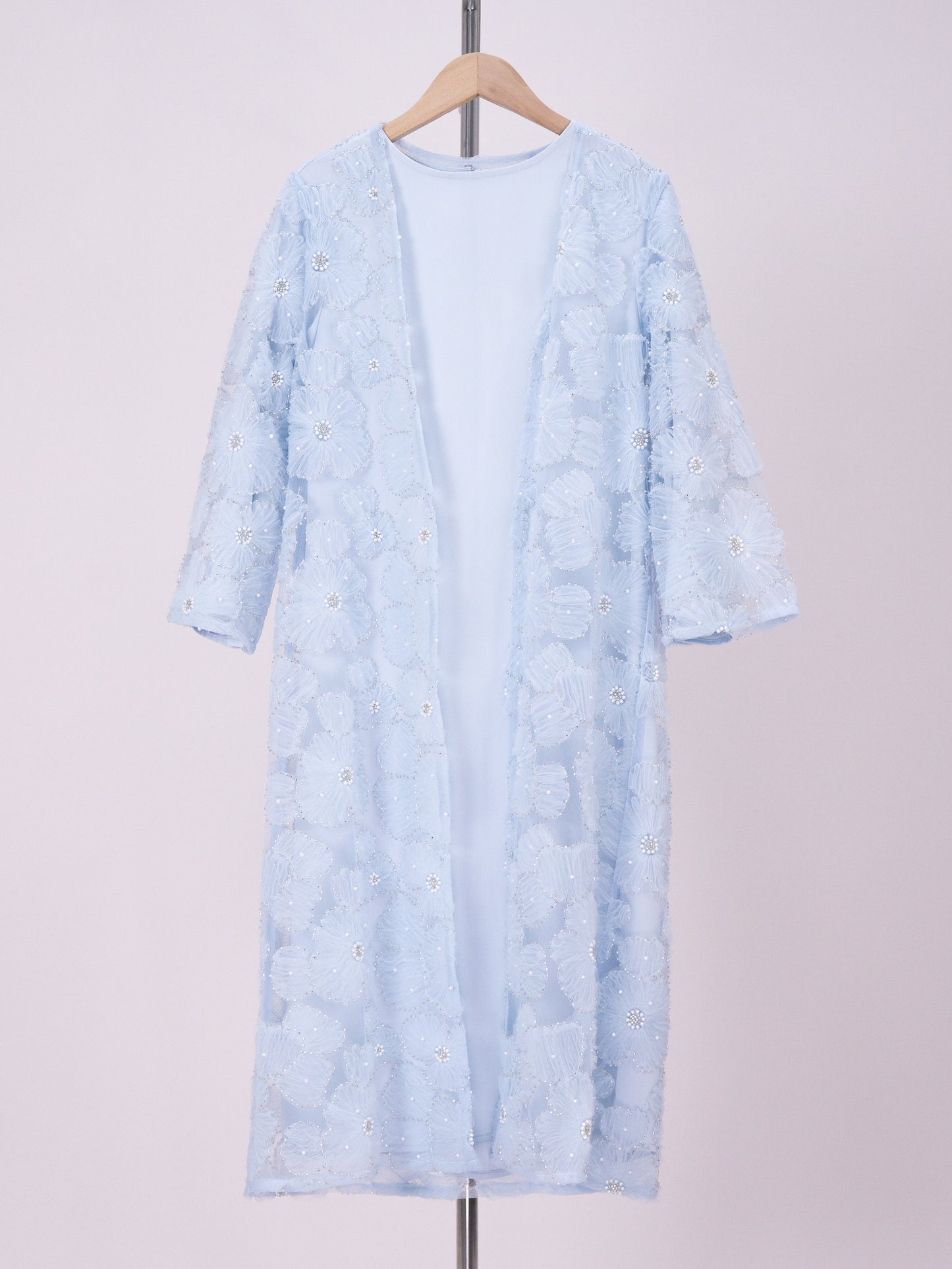 MK2653 Muslim Girl Set 2-Piece Satin Dress and Flower Beaded Cardigan Abaya