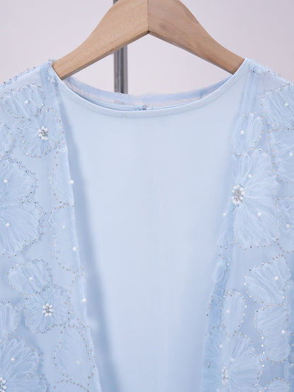 MK2653 Muslim Girl Set 2-Piece Satin Dress and Flower Beaded Cardigan Abaya