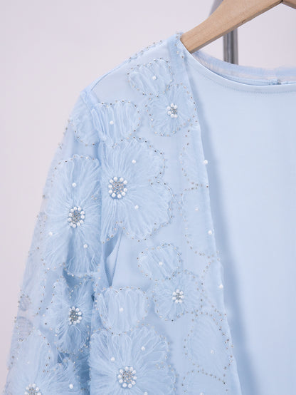 MK2653 Muslim Girl Set 2-Piece Satin Dress and Flower Beaded Cardigan Abaya