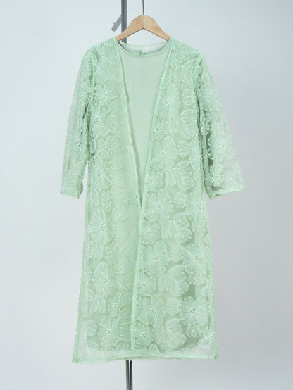 MK2653 Muslim Girl Set 2-Piece Satin Dress and Flower Beaded Cardigan Abaya