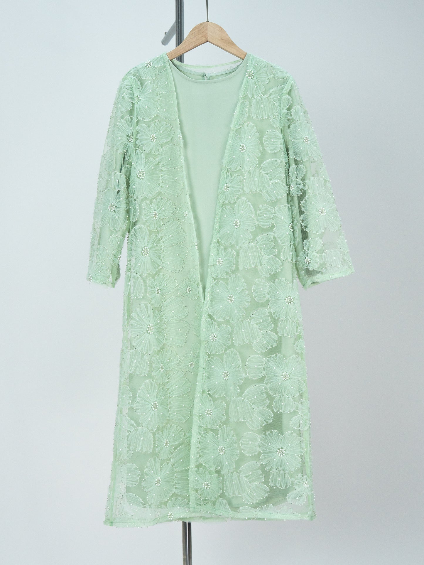 MK2653 Muslim Girl Set 2-Piece Satin Dress and Flower Beaded Cardigan Abaya