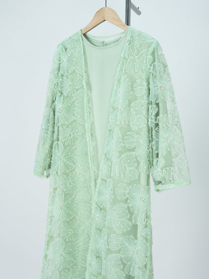 MK2653 Muslim Girl Set 2-Piece Satin Dress and Flower Beaded Cardigan Abaya