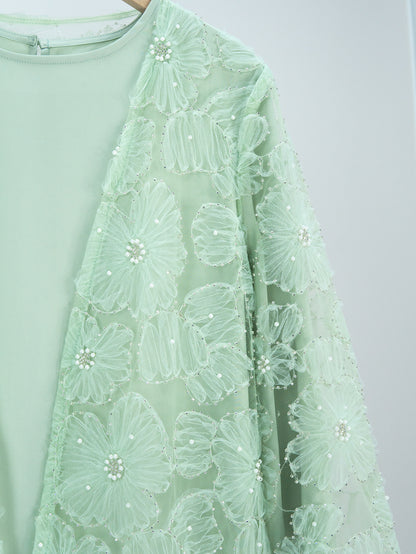 MK2653 Muslim Girl Set 2-Piece Satin Dress and Flower Beaded Cardigan Abaya