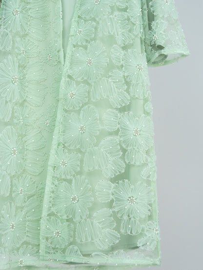 MK2653 Muslim Girl Set 2-Piece Satin Dress and Flower Beaded Cardigan Abaya