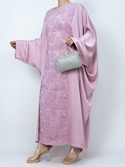 MK2626 Muslim Women's Kaftan, Satin Solid Color Batwing Sleeve, Flower Beaded Abaya for All Seasons, Elegant Loose-Fitting Dress