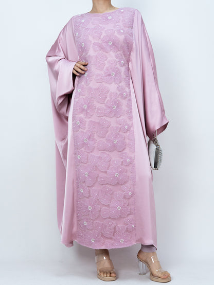MK2626 Muslim Women's Kaftan, Satin Solid Color Batwing Sleeve, Flower Beaded Abaya for All Seasons, Elegant Loose-Fitting Dress