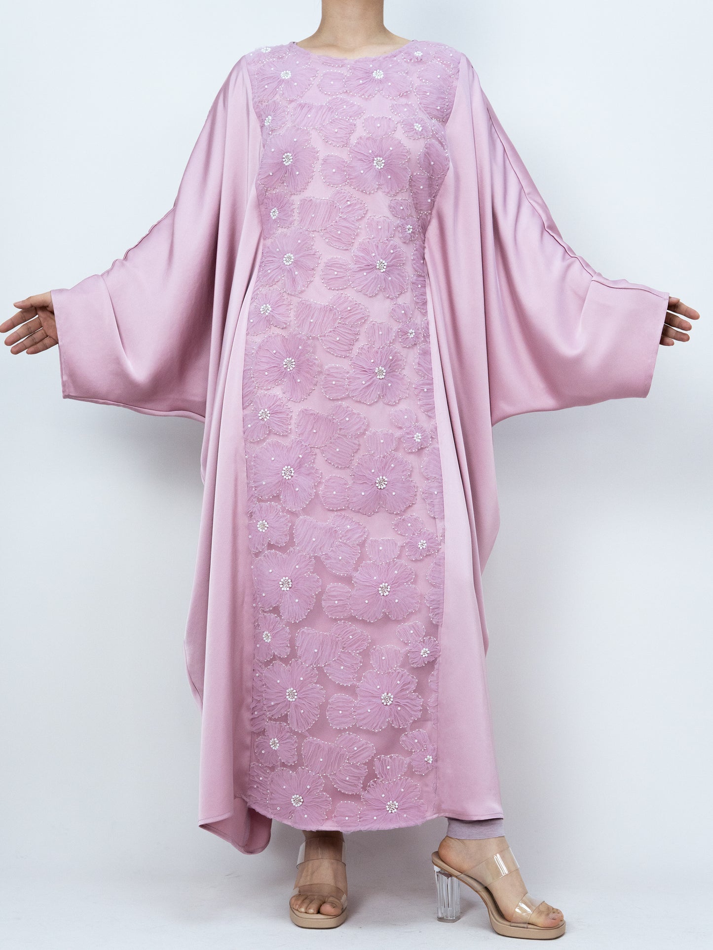 MK2626 Muslim Women's Kaftan, Satin Solid Color Batwing Sleeve, Flower Beaded Abaya for All Seasons, Elegant Loose-Fitting Dress