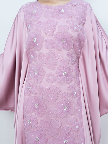 MK2626 Muslim Women's Kaftan, Satin Solid Color Batwing Sleeve, Flower Beaded Abaya for All Seasons, Elegant Loose-Fitting Dress