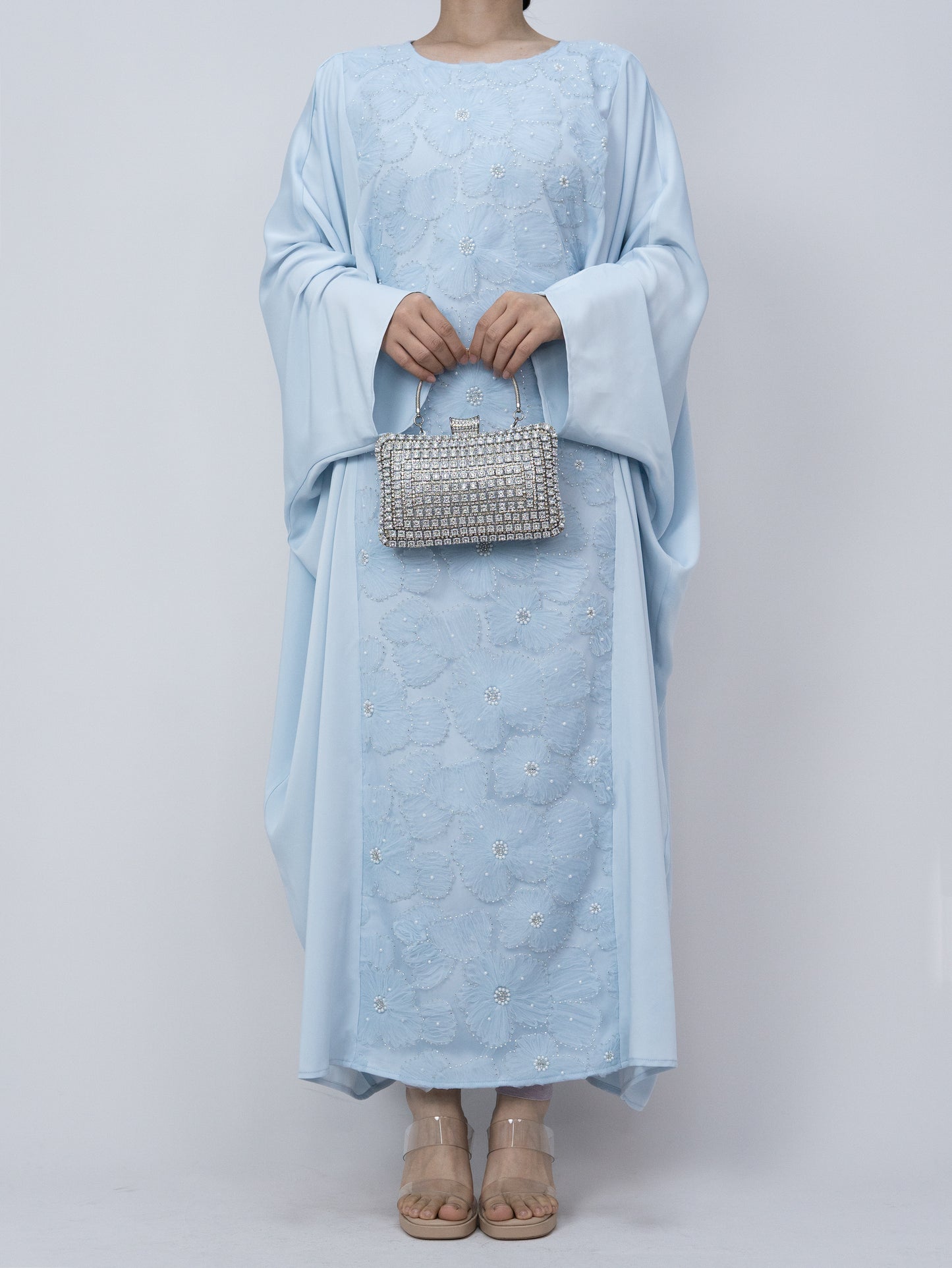 MK2626 Muslim Women's Kaftan, Satin Solid Color Batwing Sleeve, Flower Beaded Abaya for All Seasons, Elegant Loose-Fitting Dress