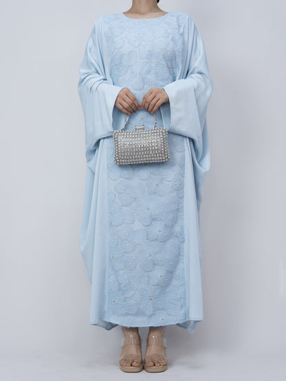 MK2626 Muslim Women's Kaftan, Satin Solid Color Batwing Sleeve, Flower Beaded Abaya for All Seasons, Elegant Loose-Fitting Dress