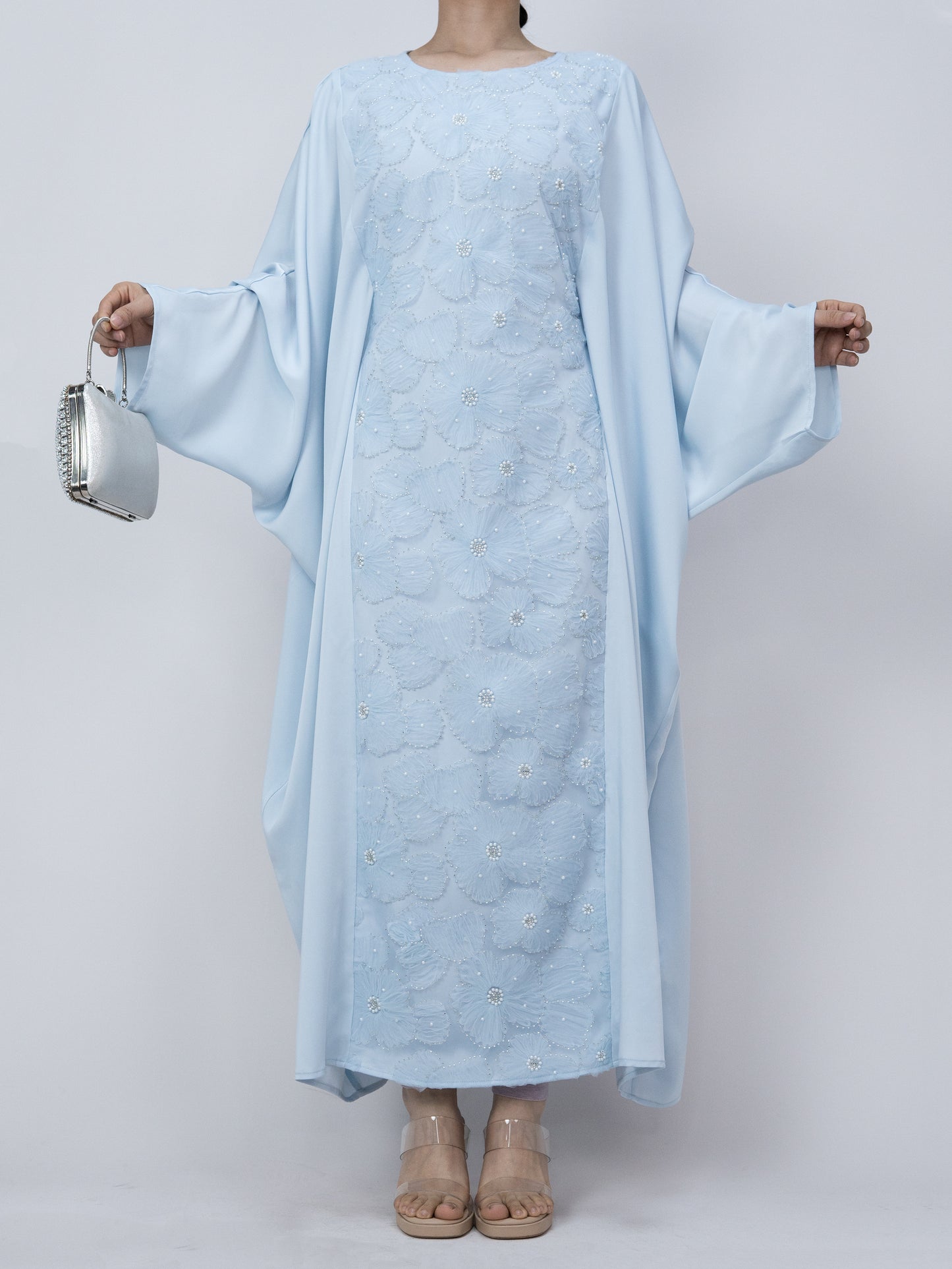 MK2626 Muslim Women's Kaftan, Satin Solid Color Batwing Sleeve, Flower Beaded Abaya for All Seasons, Elegant Loose-Fitting Dress