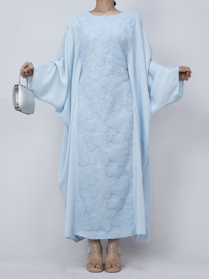 MK2626 Muslim Women's Kaftan, Satin Solid Color Batwing Sleeve, Flower Beaded Abaya for All Seasons, Elegant Loose-Fitting Dress