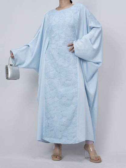 MK2626 Muslim Women's Kaftan, Satin Solid Color Batwing Sleeve, Flower Beaded Abaya for All Seasons, Elegant Loose-Fitting Dress