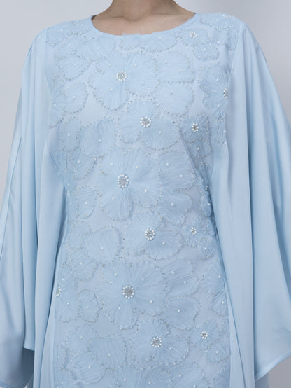 MK2626 Muslim Women's Kaftan, Satin Solid Color Batwing Sleeve, Flower Beaded Abaya for All Seasons, Elegant Loose-Fitting Dress