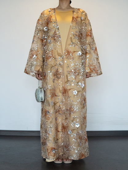 【Pre-order】MSL894 Yellow Flowers Open Abaya Set