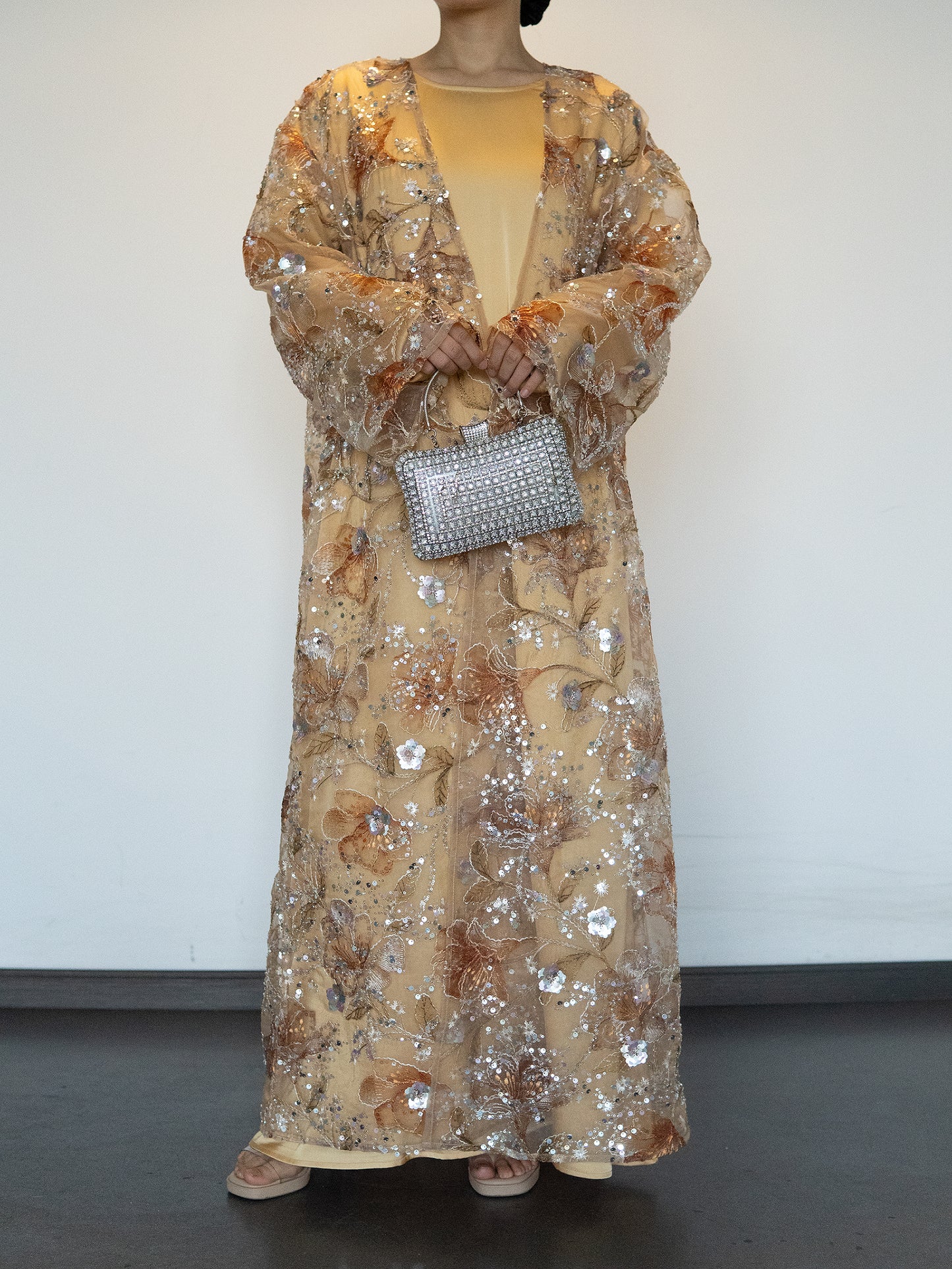 【Pre-order】MSL894 Yellow Flowers Open Abaya Set