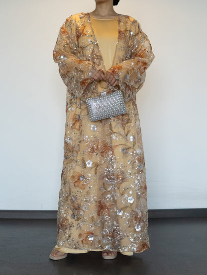 【Pre-order】MSL894 Yellow Flowers Open Abaya Set