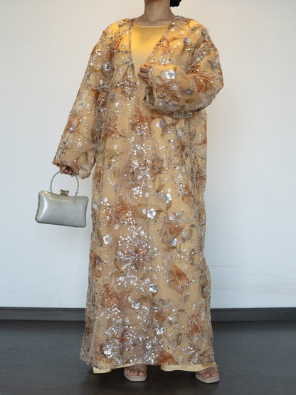 【Pre-order】MSL894 Yellow Flowers Open Abaya Set