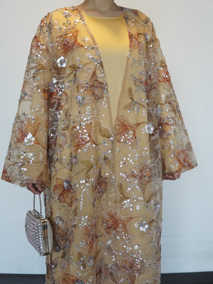 【Pre-order】MSL894 Yellow Flowers Open Abaya Set