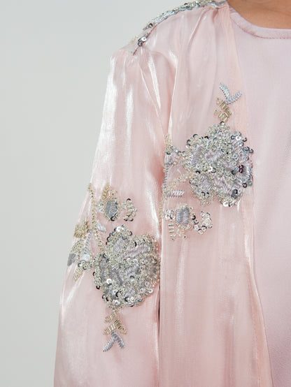 MK2525 Muslim Girl Set 2-Piece Satin Dress and Silver Rose Abaya