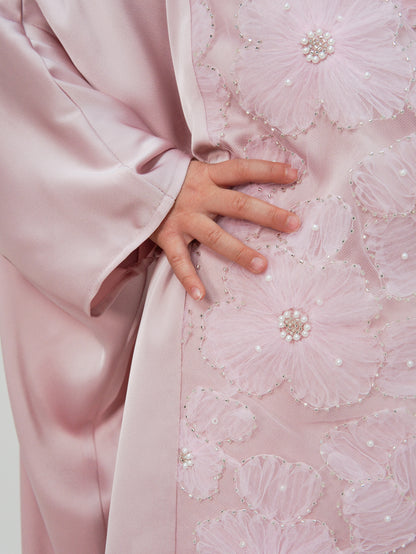MK2727 Muslim Girl's Kaftan, Satin Solid Color Batwing Sleeve, Flower Beaded Abaya for All Seasons, Elegant Loose-Fitting Dress