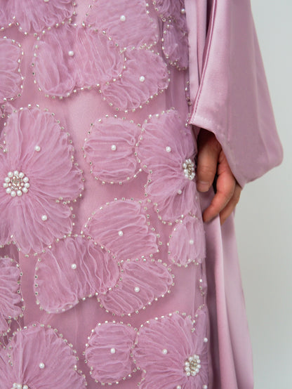 MK2727 Muslim Girl's Kaftan, Satin Solid Color Batwing Sleeve, Flower Beaded Abaya for All Seasons, Elegant Loose-Fitting Dress