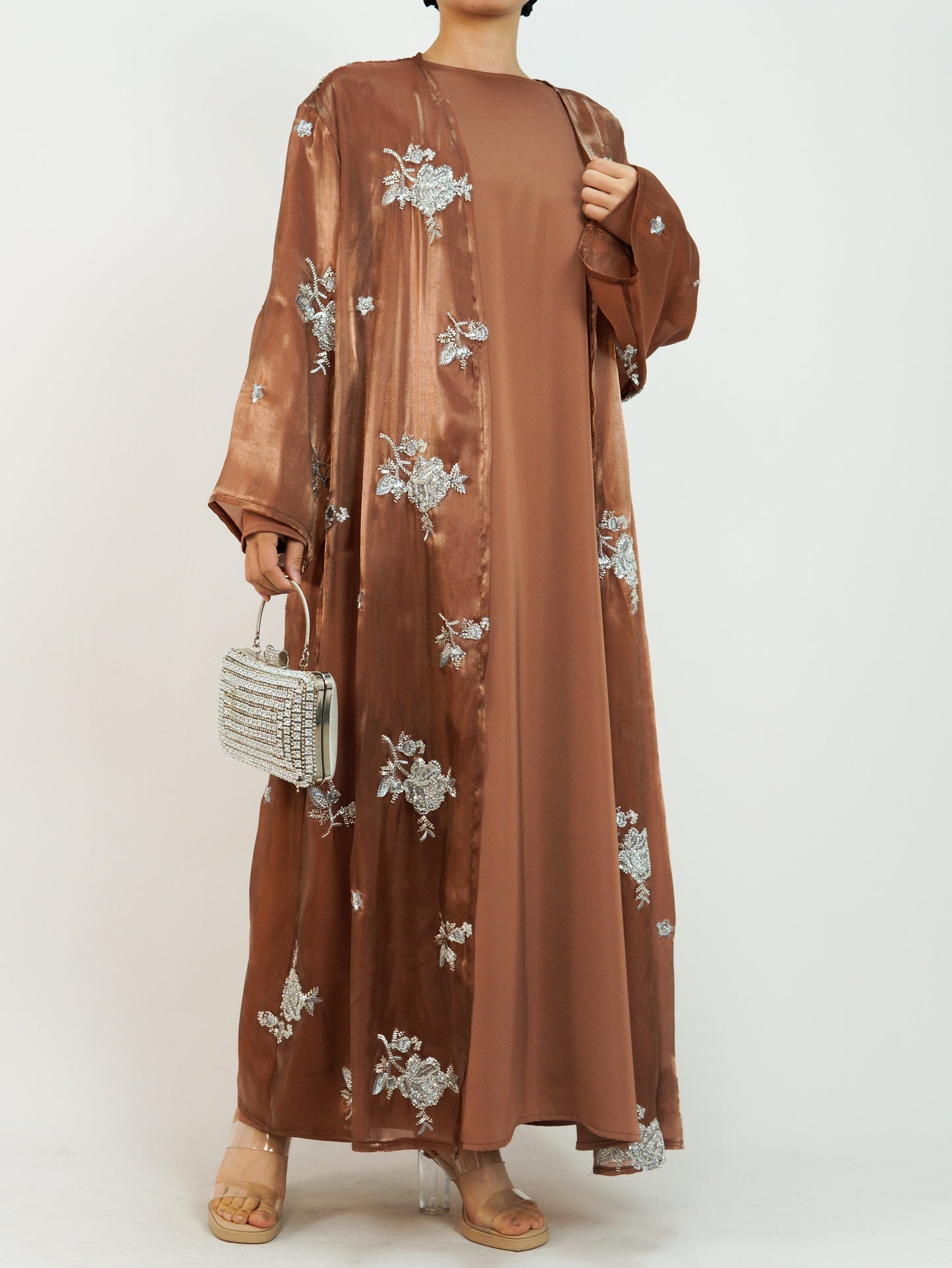 MSL888 Silver Rose Organza Beaded Embroidered Abaya Set