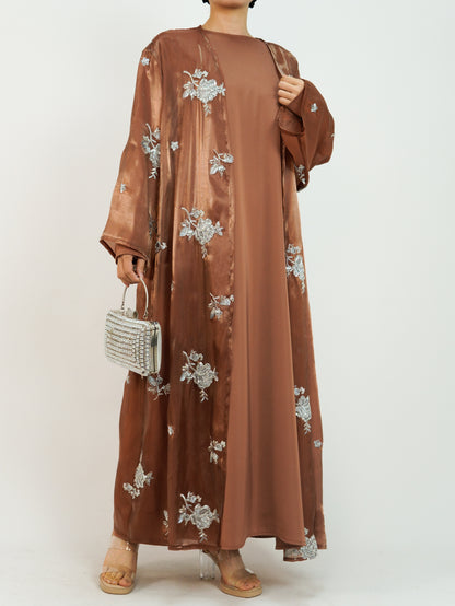 MSL888 Silver Rose Organza Beaded Embroidered Abaya Set