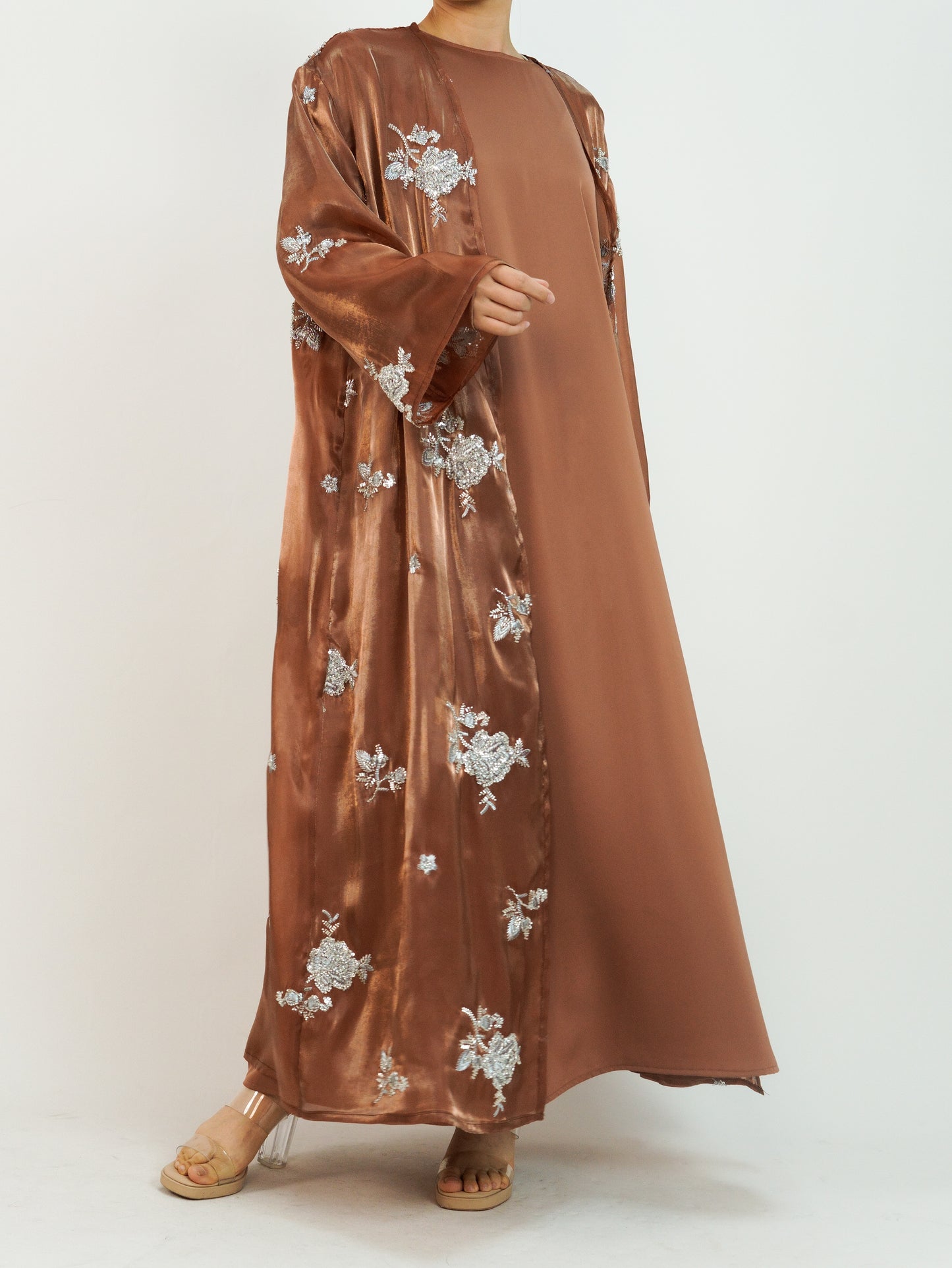 MSL888 Silver Rose Organza Beaded Embroidered Abaya Set