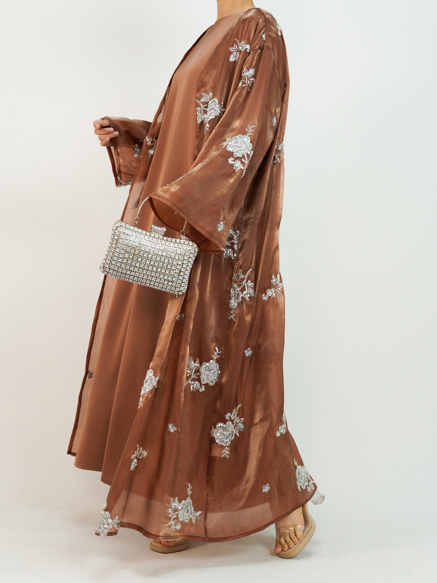 MSL888 Silver Rose Organza Beaded Embroidered Abaya Set