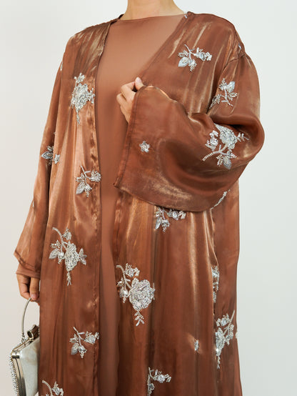 MSL888 Silver Rose Organza Beaded Embroidered Abaya Set