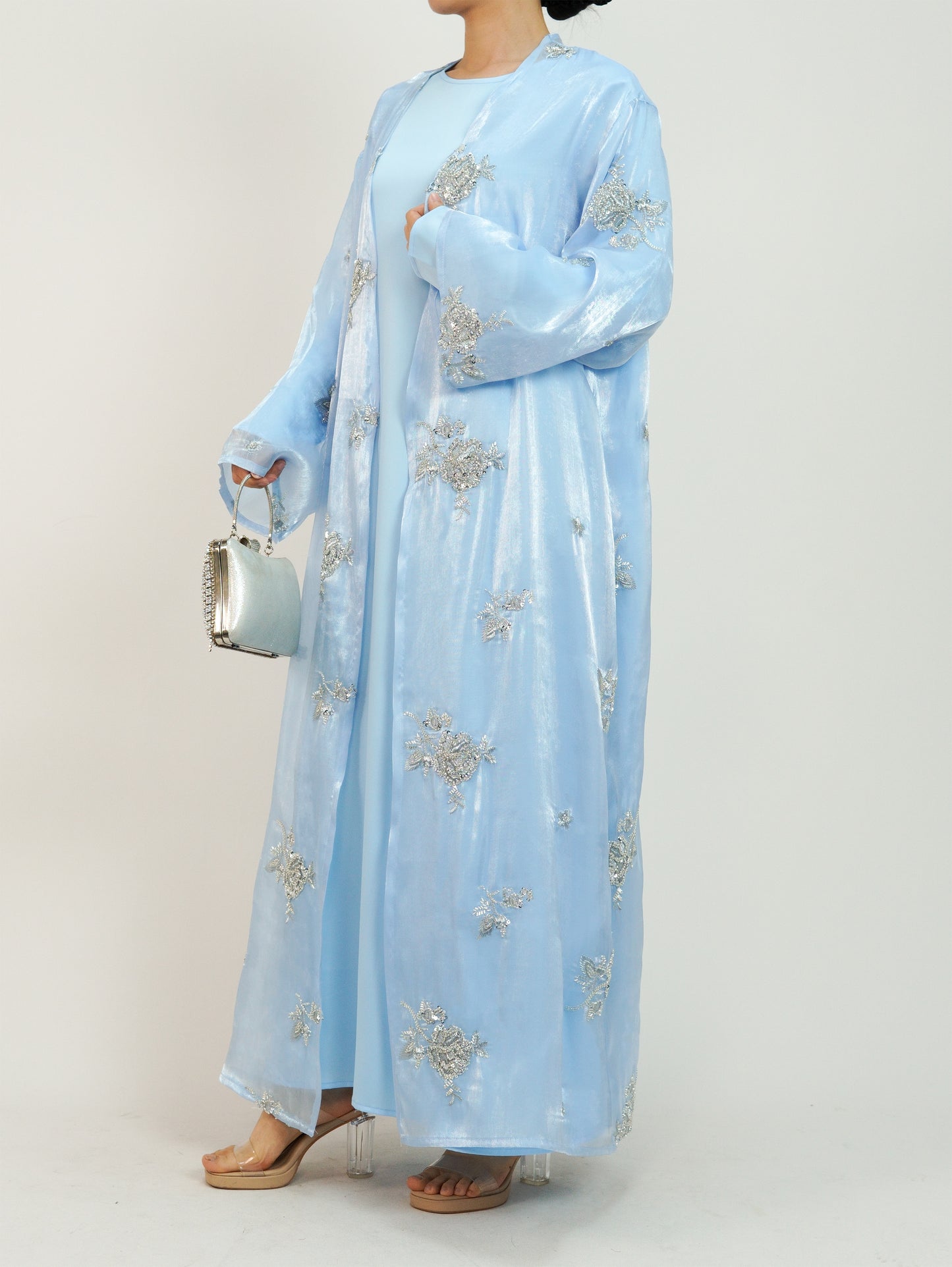 MSL888 Silver Rose Organza Beaded Embroidered Abaya Set