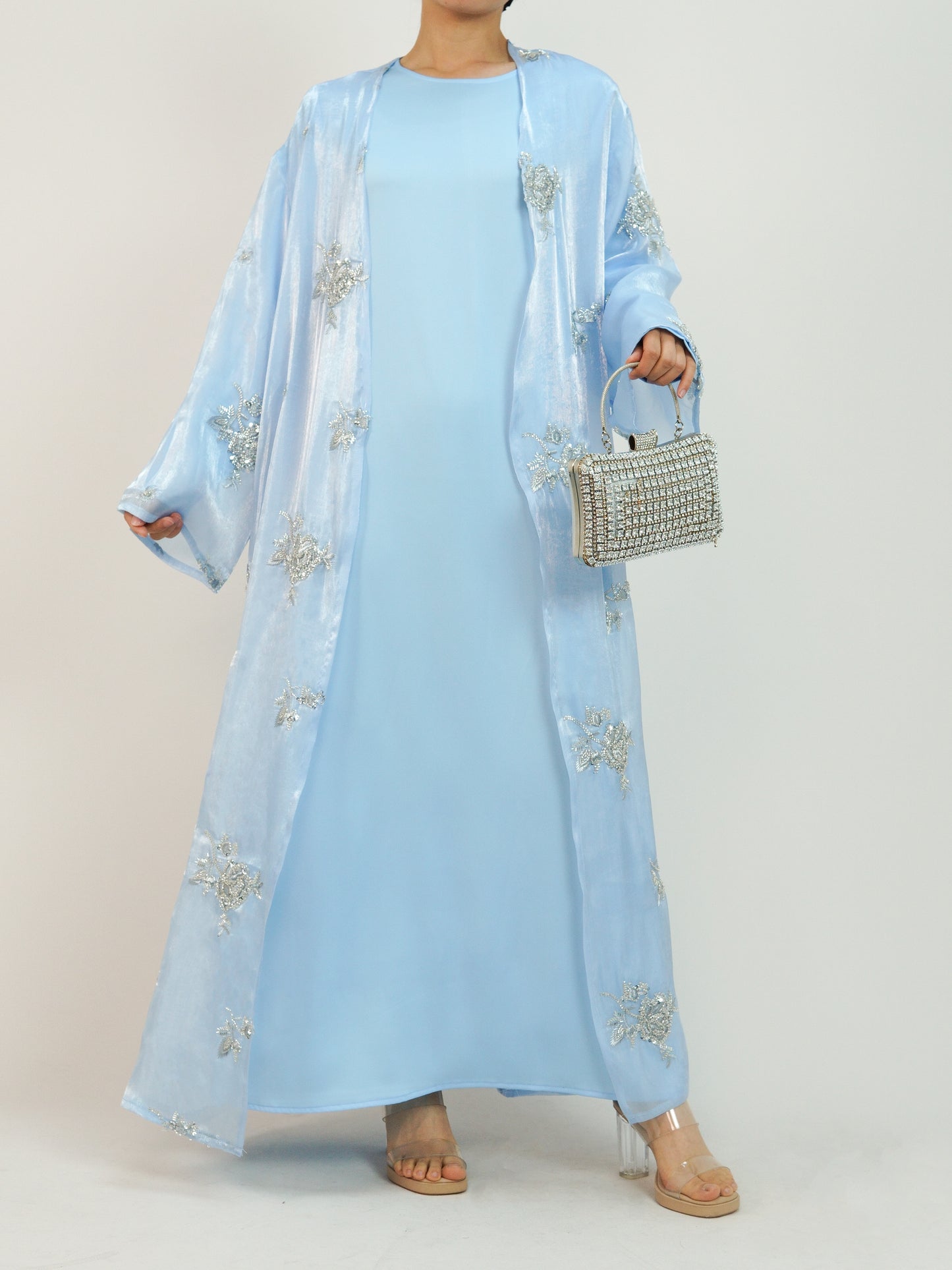 MSL888 Silver Rose Organza Beaded Embroidered Abaya Set