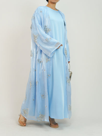 MSL888 Silver Rose Organza Beaded Embroidered Abaya Set