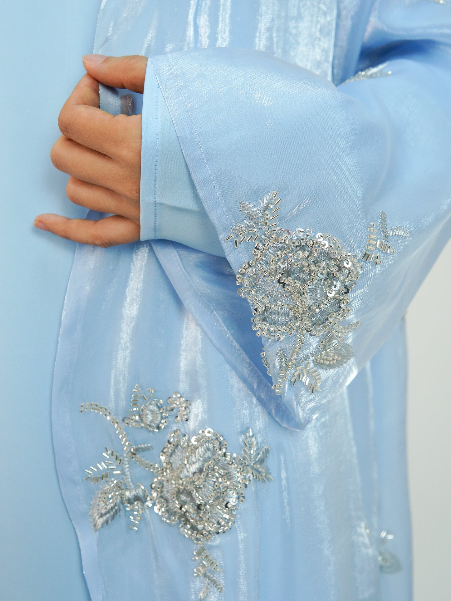 MSL888 Silver Rose Organza Beaded Embroidered Abaya Set