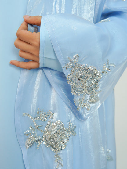 MSL888 Silver Rose Organza Beaded Embroidered Abaya Set