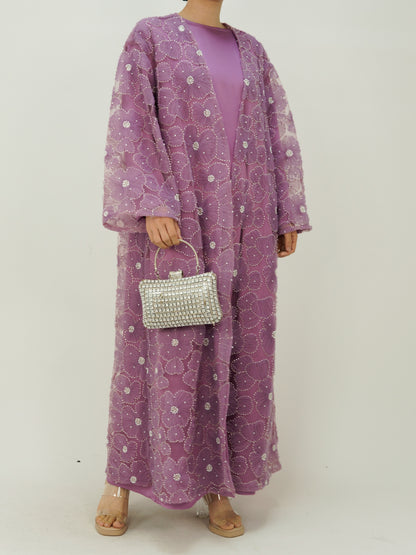 MSL881 Women 2 Pieces Set Open Abaya Mesh Flower Bead Embroidered Coat and Dress(Open Abaya+Inner Dress)