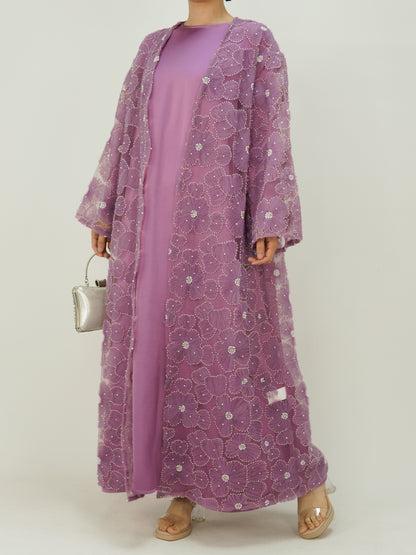 MSL881 Women 2 Pieces Set Open Abaya Mesh Flower Bead Embroidered Coat and Dress(Open Abaya+Inner Dress)